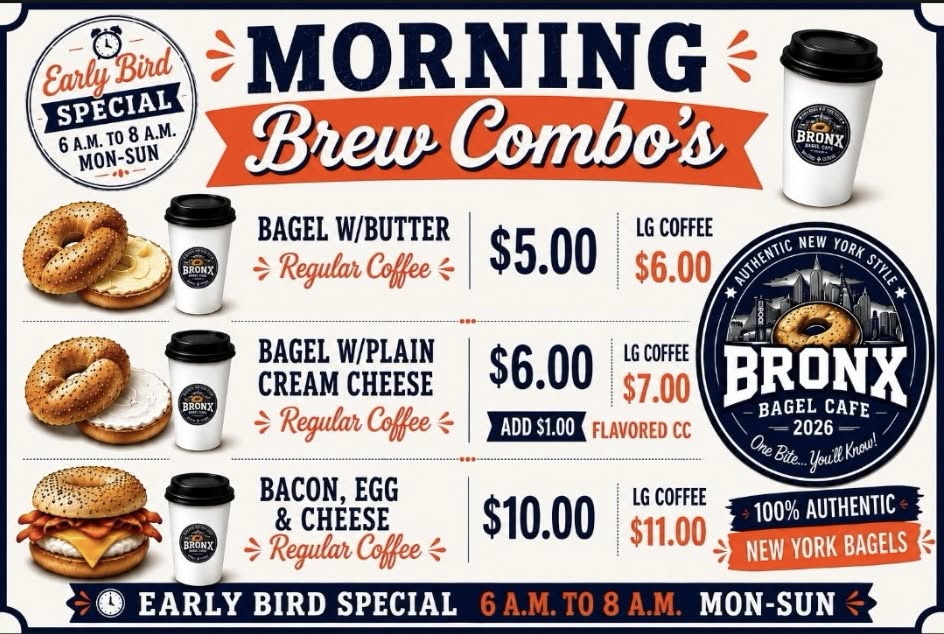 Bronx Bagel Cafe early bird morning brew combo specials