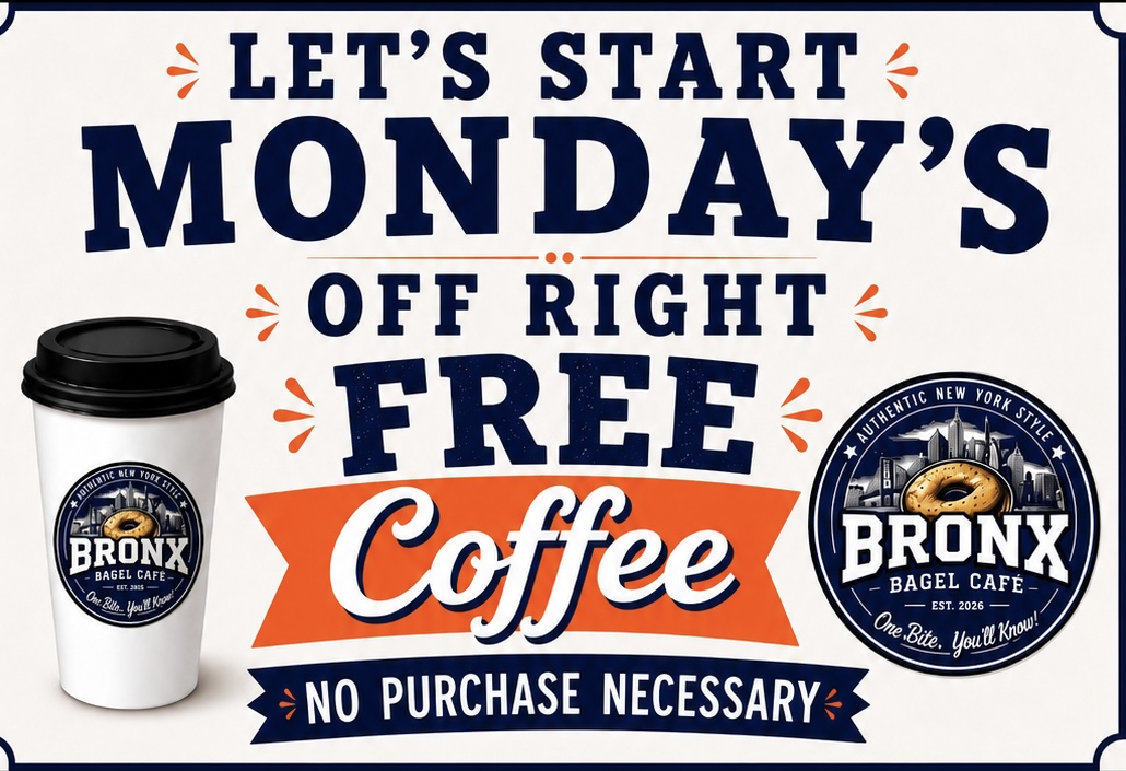 Bronx Bagel Cafe free coffee Mondays promotion